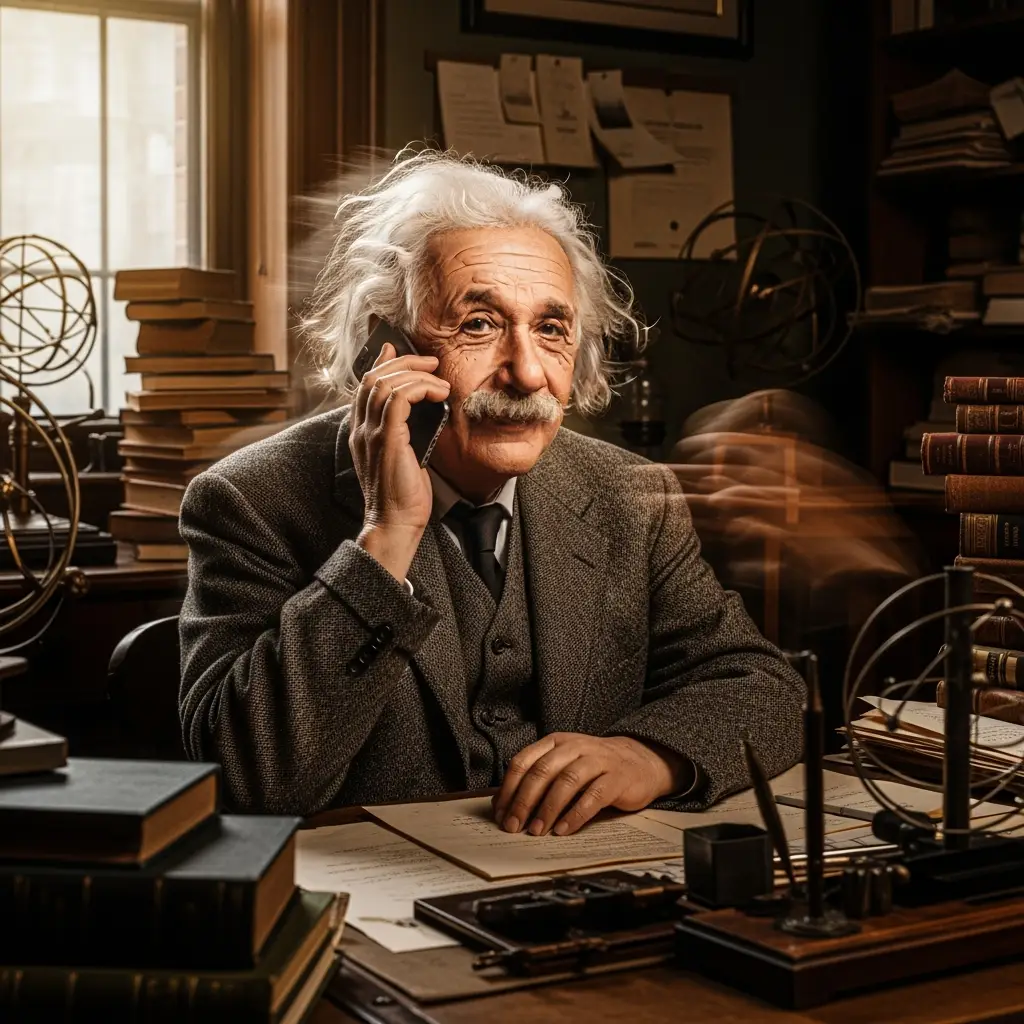 Albert Einstein with a smartphone